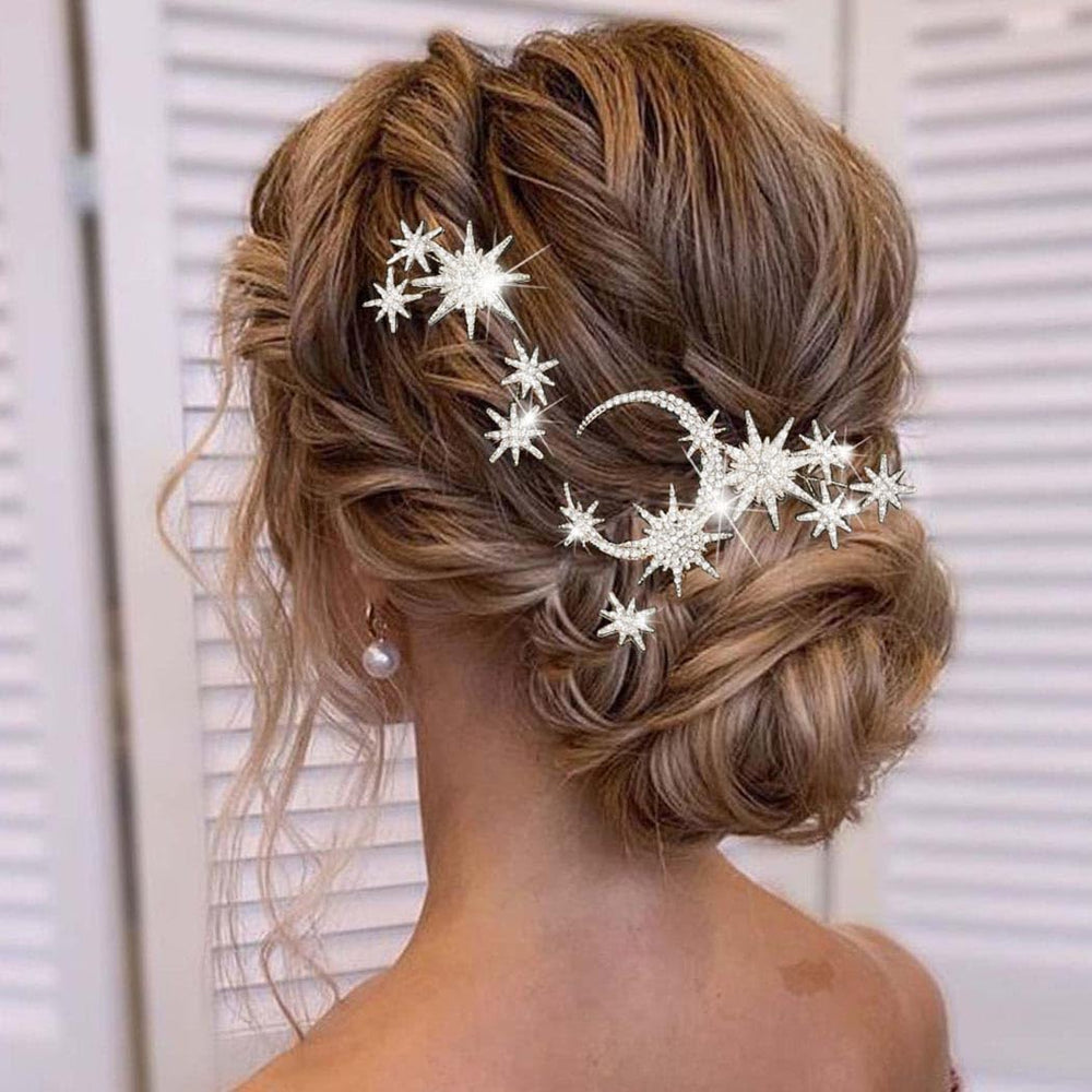 Unicra star moon hair pins in silver for bridal sparkle and secure updos.