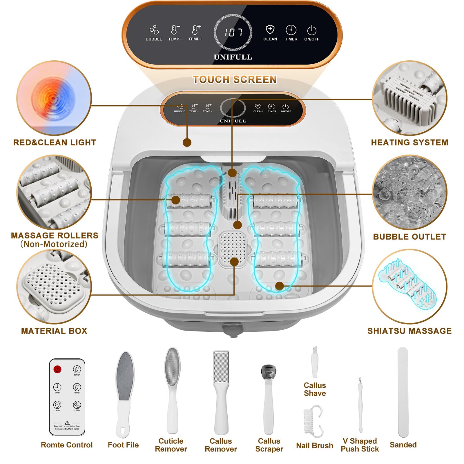 UNIFULL Foot Spa showcasing massage rollers for relaxing foot therapy.