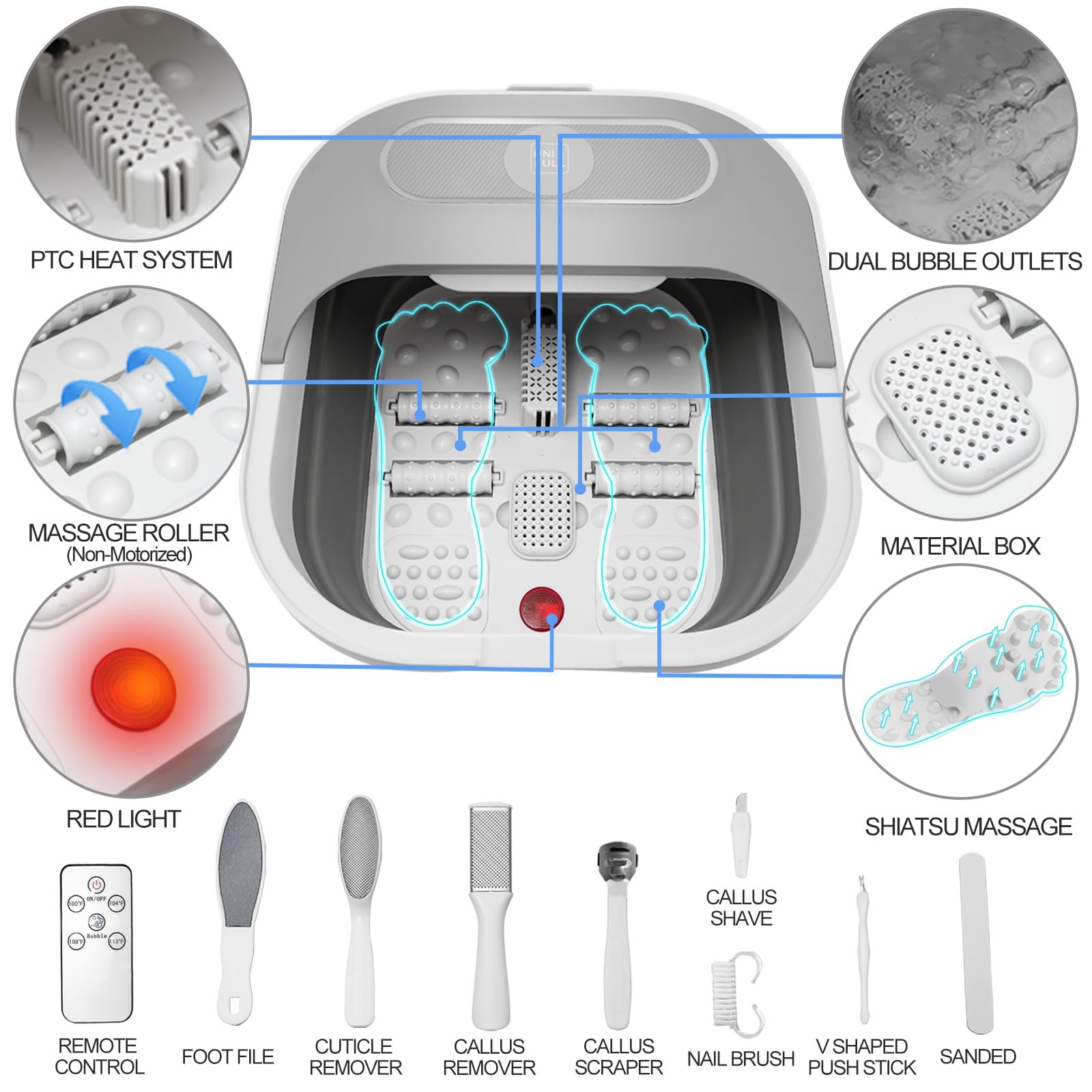 UNIFULL foot spa bubble function keeps water circulating and warm during a spa-like soak.