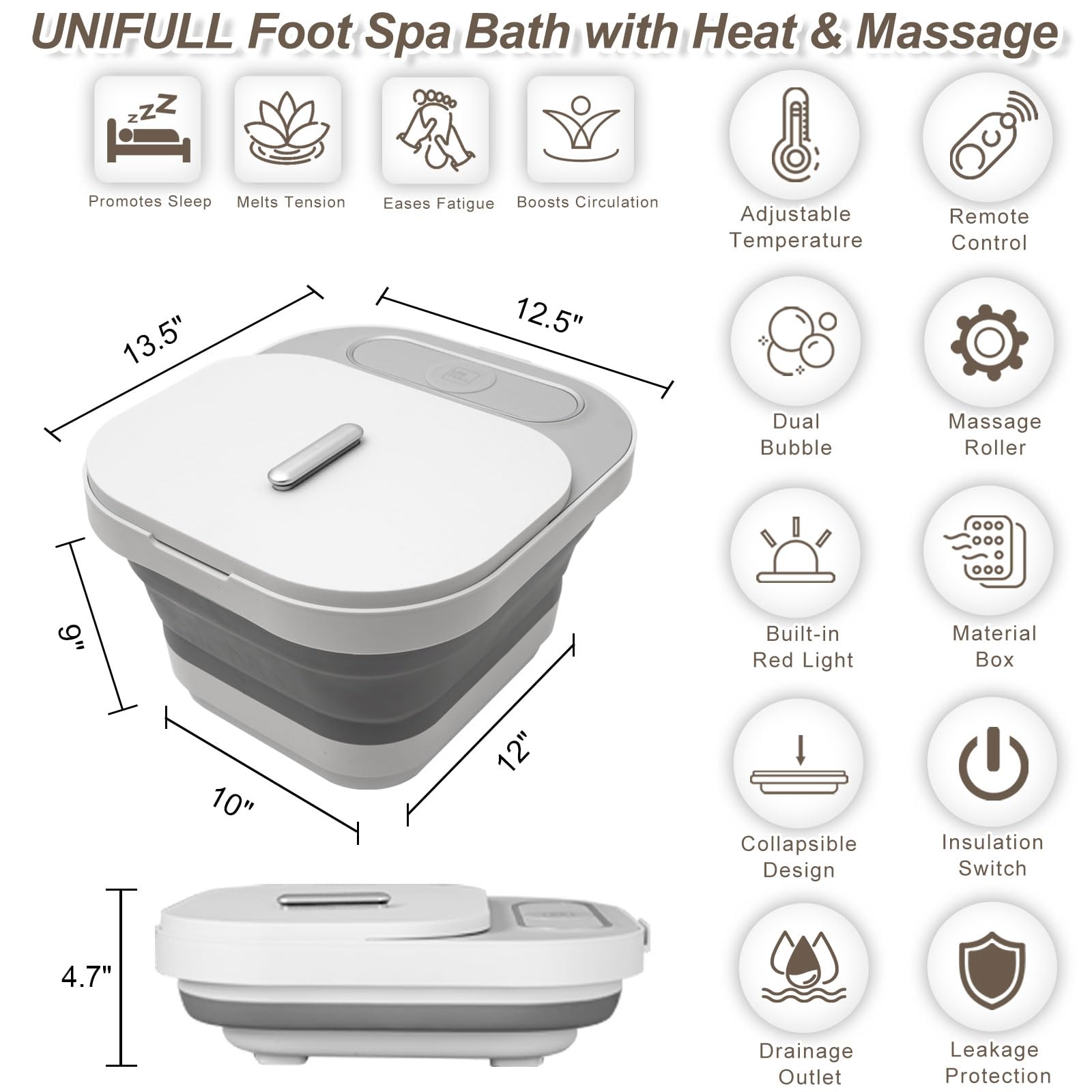 UNIFULL foot spa shows massage rollers on the bottom for relaxing Shiatsu-like relief.