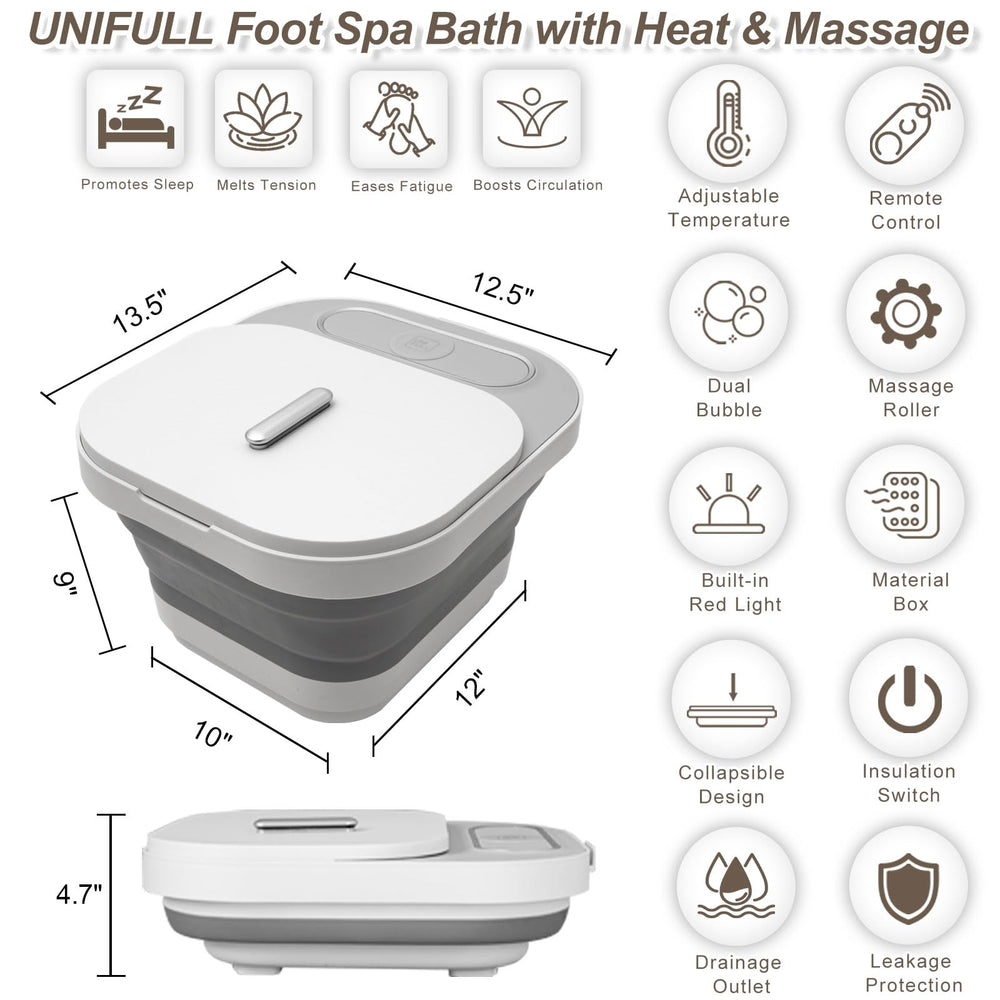 UNIFULL foot spa shows massage rollers on the bottom for relaxing Shiatsu-like relief.