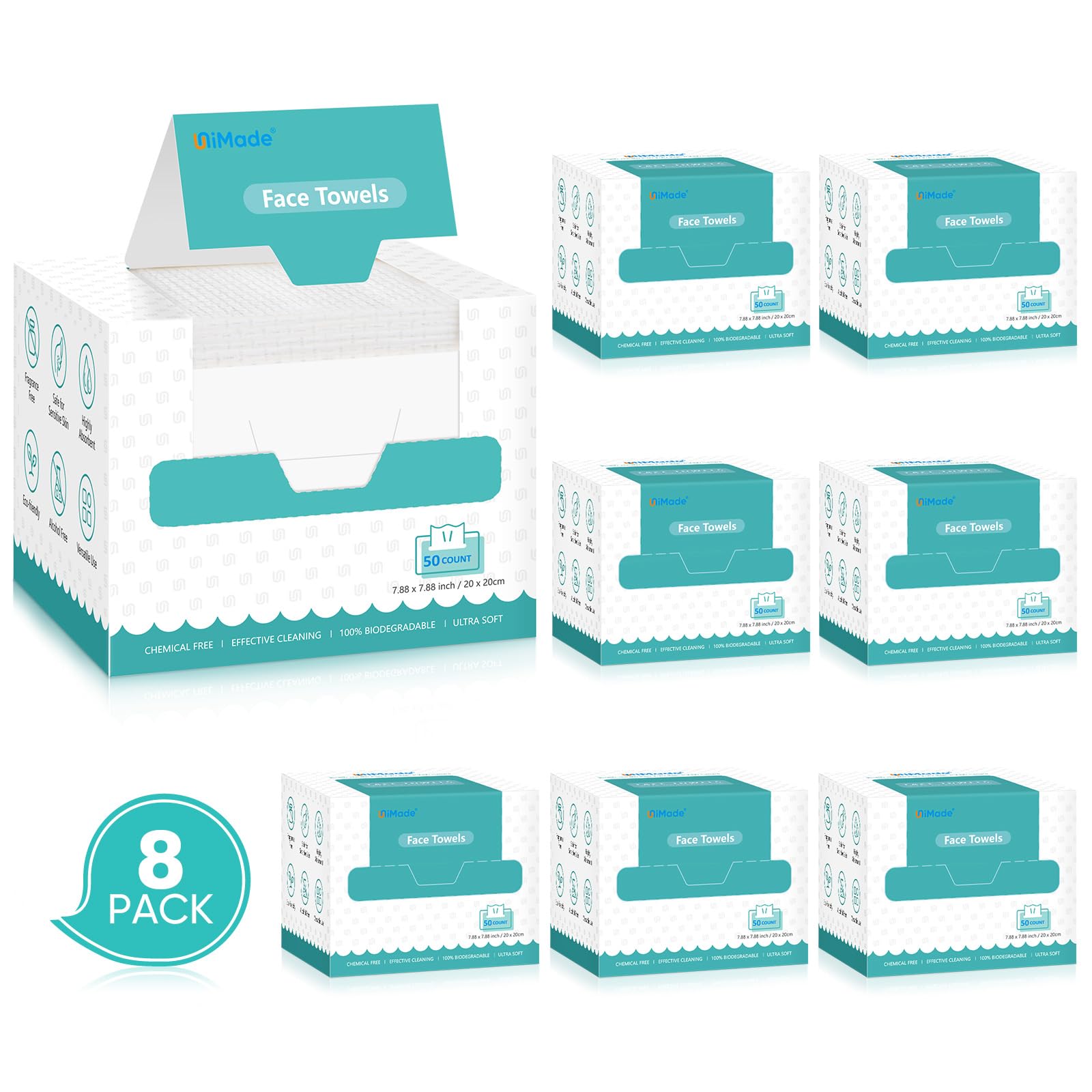 UNIMADE Face Towels in packaging highlight a hygienic single-use option for daily cleansing.