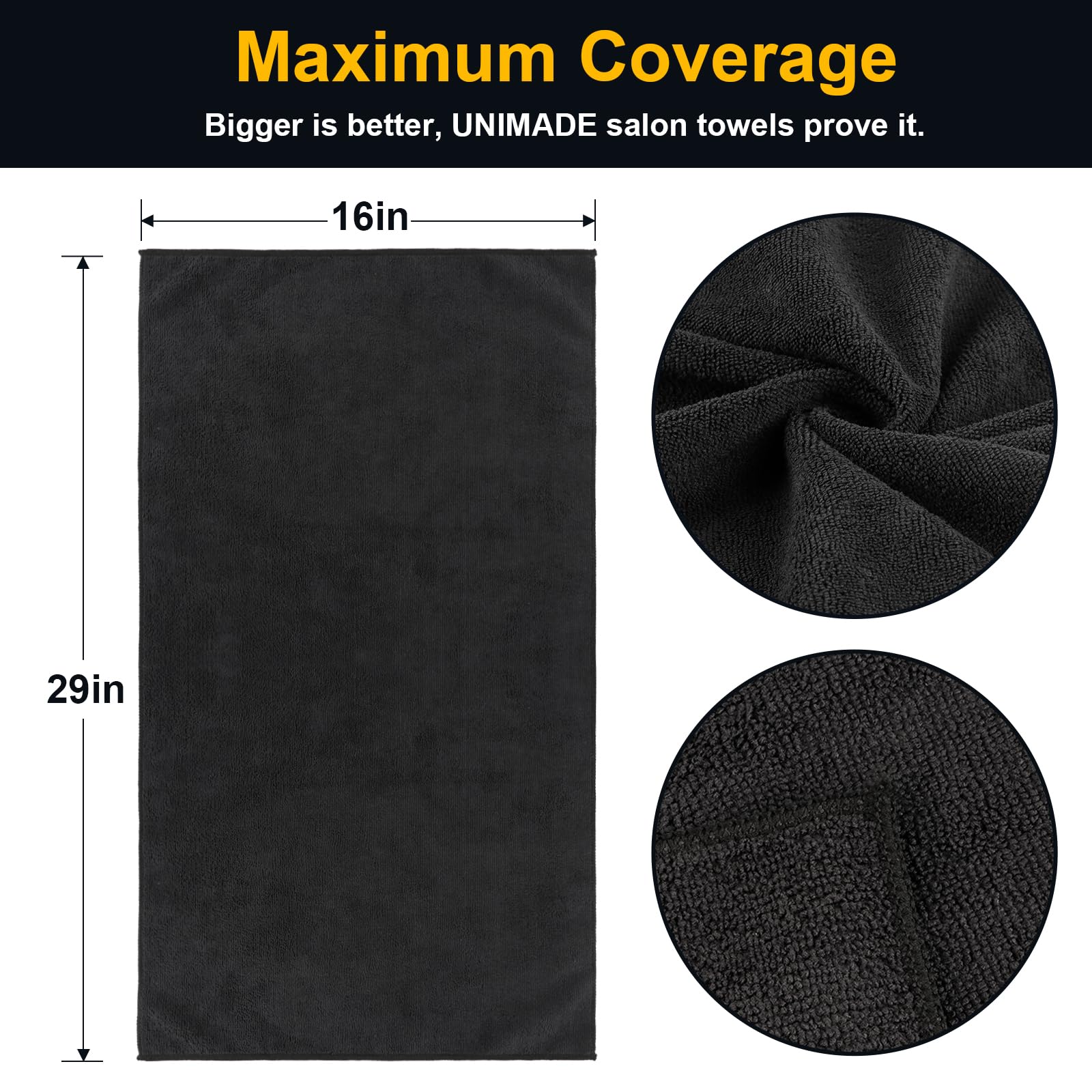 UNIMADE absorbent microfiber towels highlight premium fabric and fast drying.