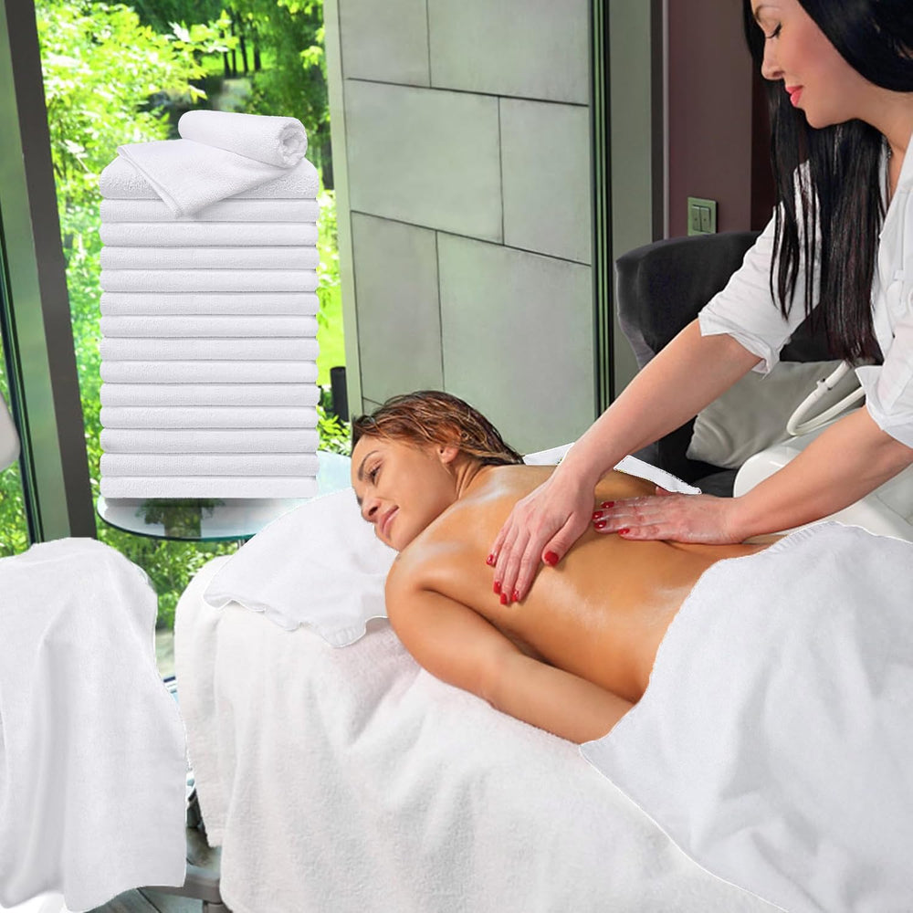 UNIMADE salon towels 24-pack folded neatly on shelf for easy access and sanitised supply.