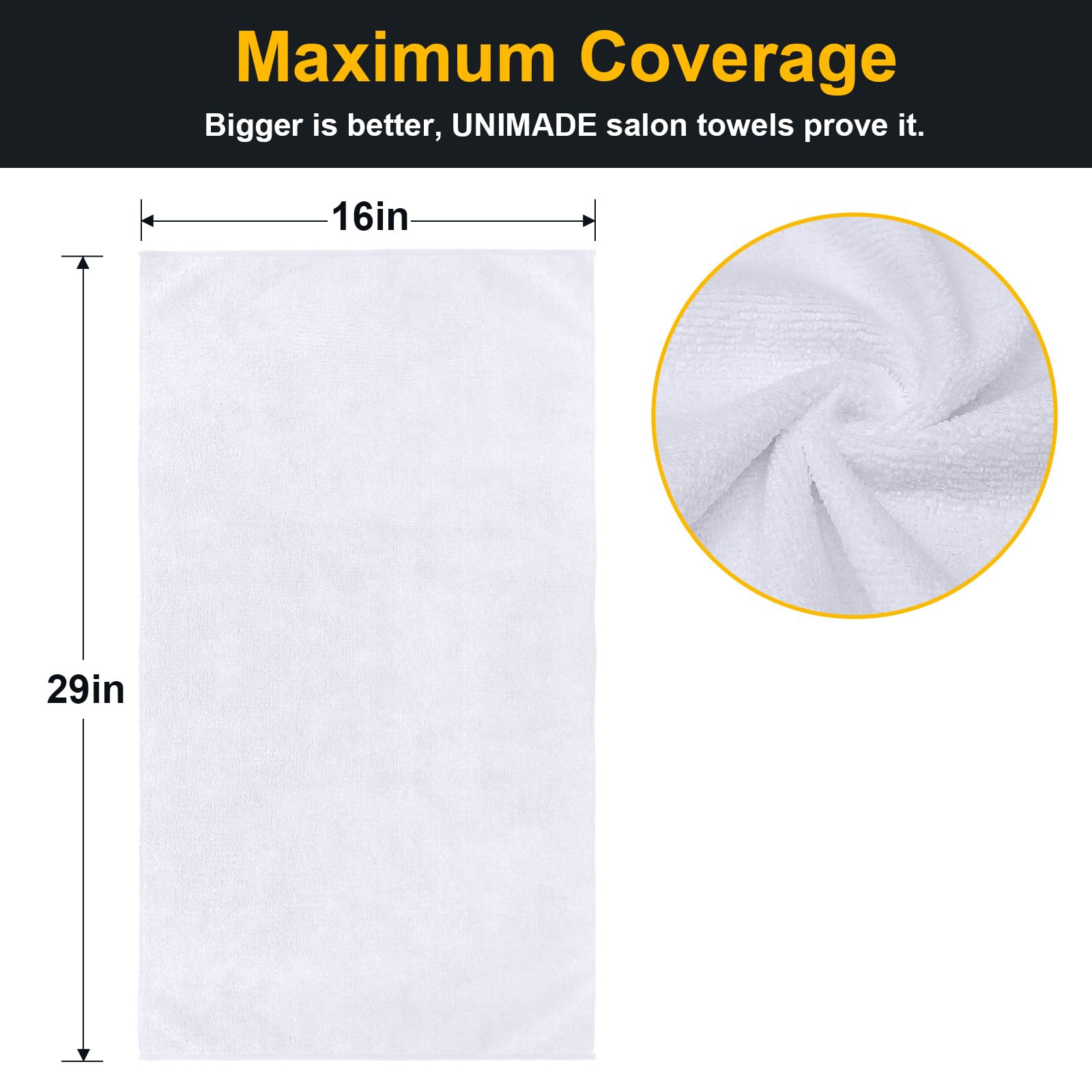 UNIMADE salon towels 24-pack in-use drying with premium microfiber absorption.