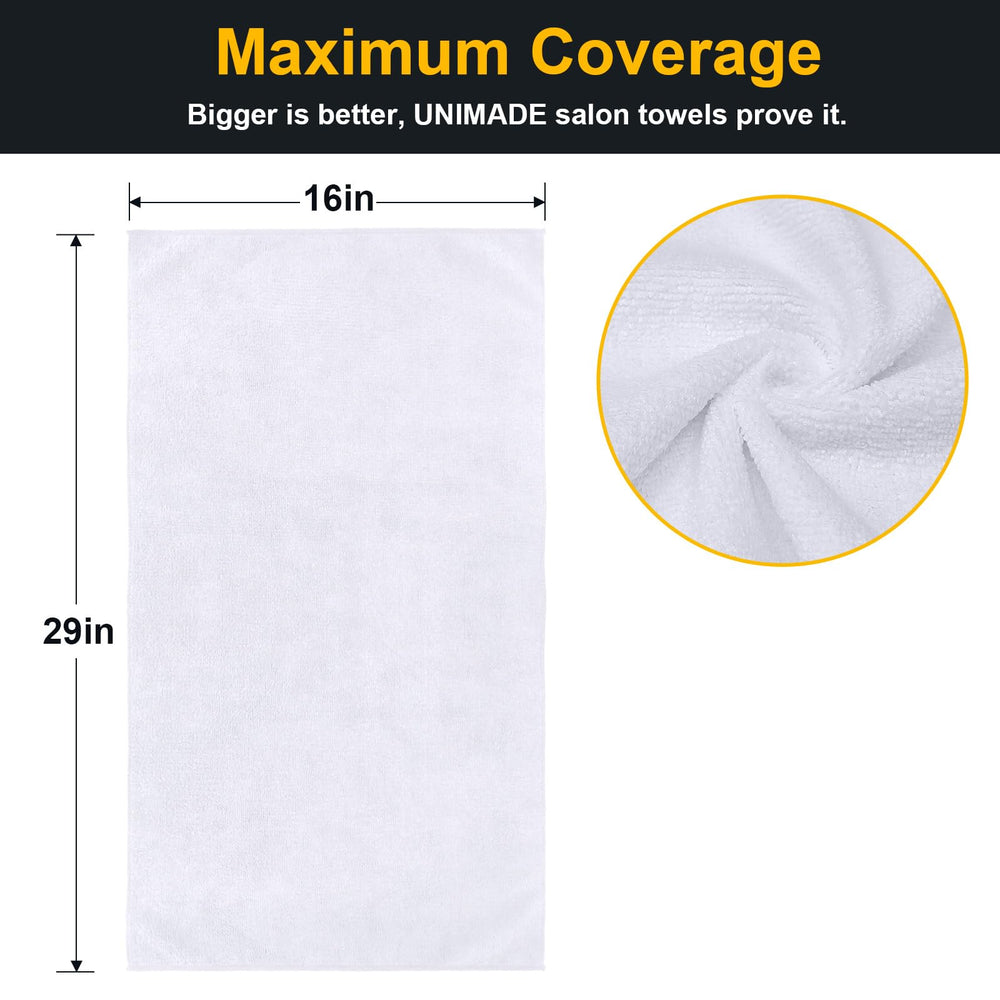 UNIMADE salon towels 24-pack in-use drying with premium microfiber absorption.