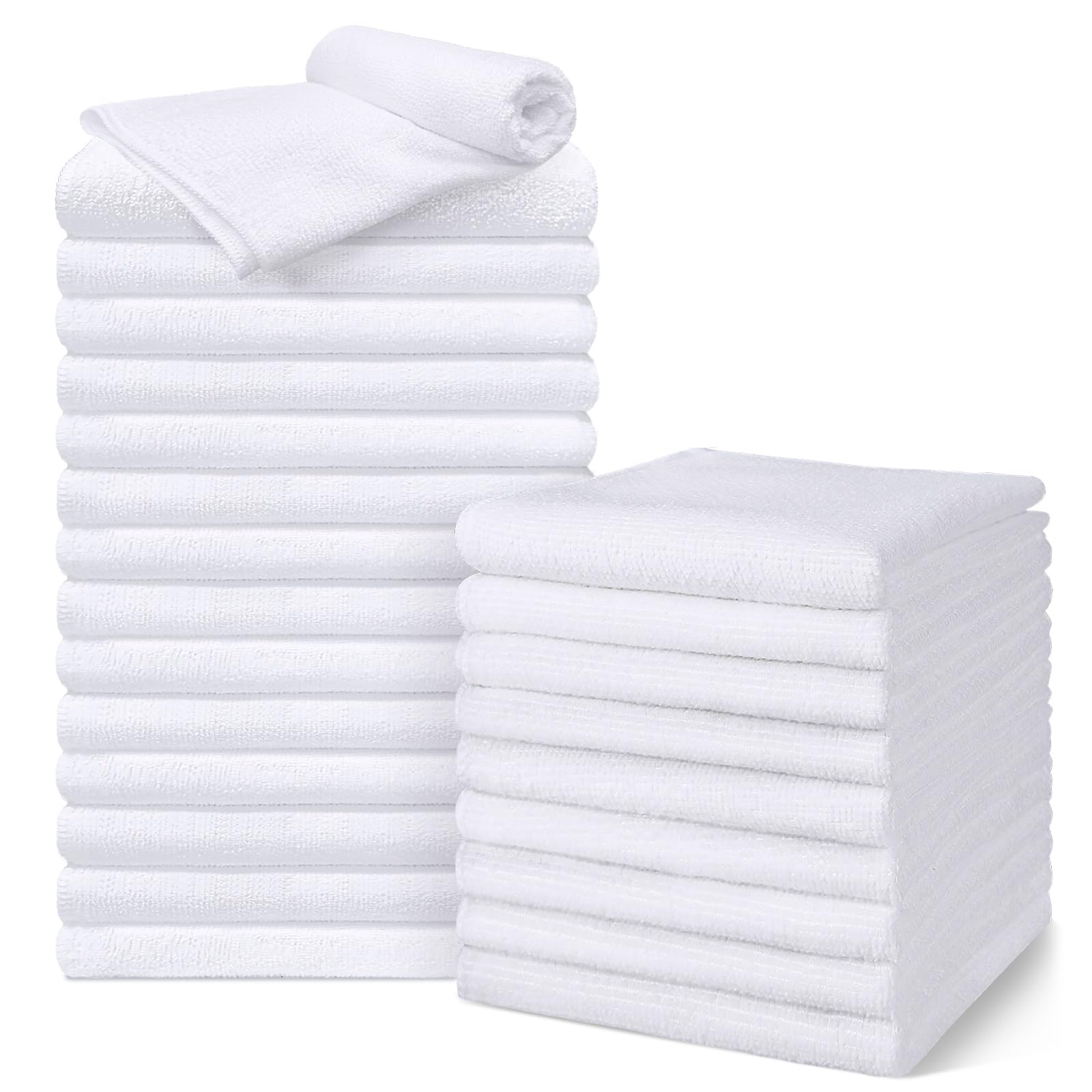 UNIMADE salon towels 24-pack white towels stacked for quick-drying in salons.