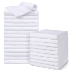 UNIMADE salon towels 24-pack white towels stacked for quick-drying in salons.