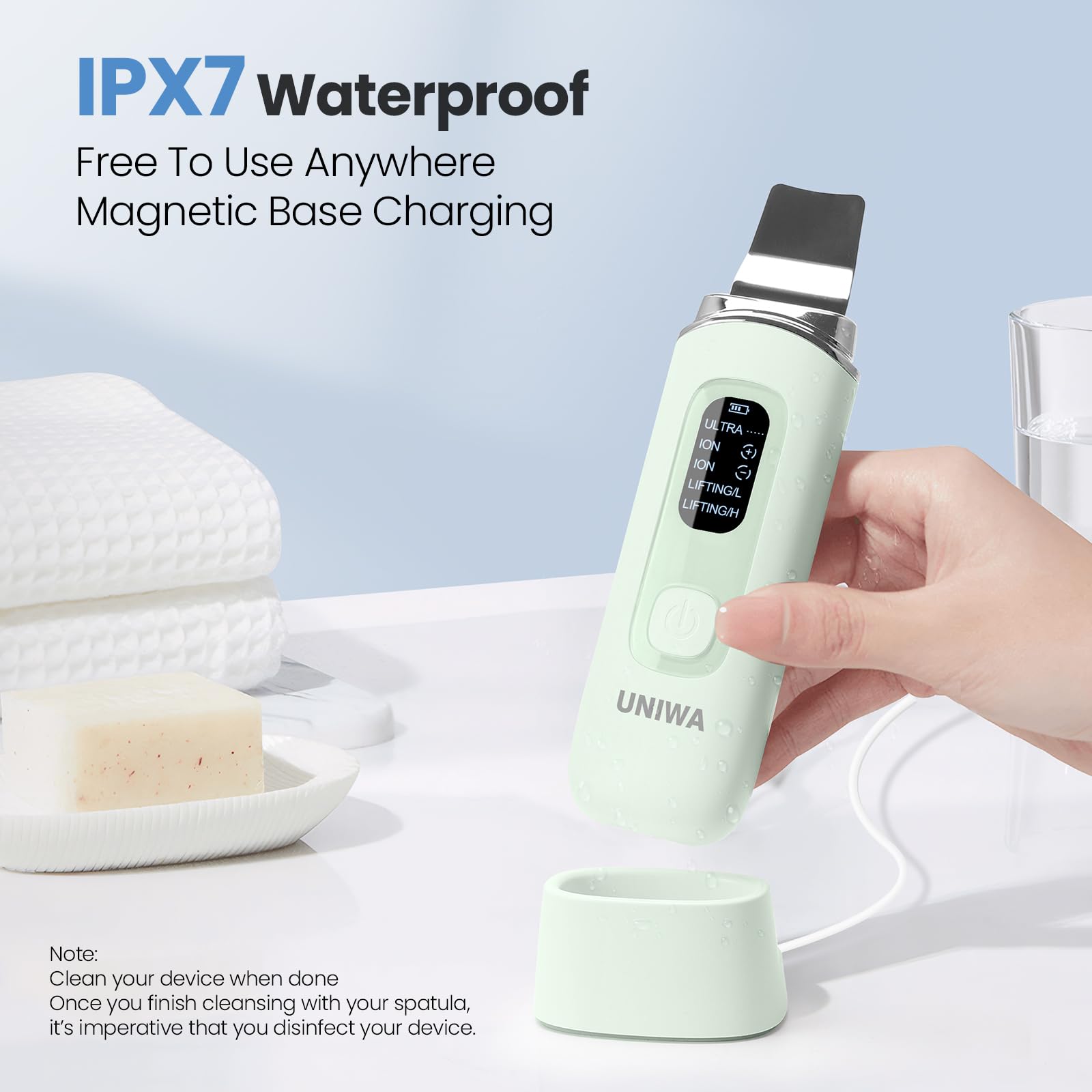 UNIWA Skin Scrubber IPX7 waterproof design for safe damp use.