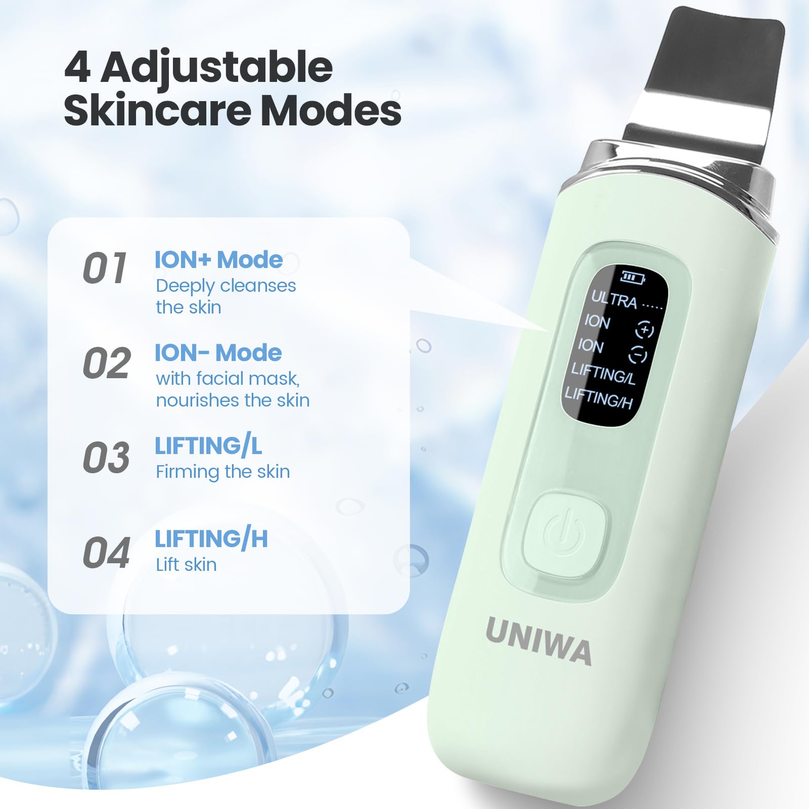 UNIWA Skin Scrubber mode icons illustrate four skincare options.