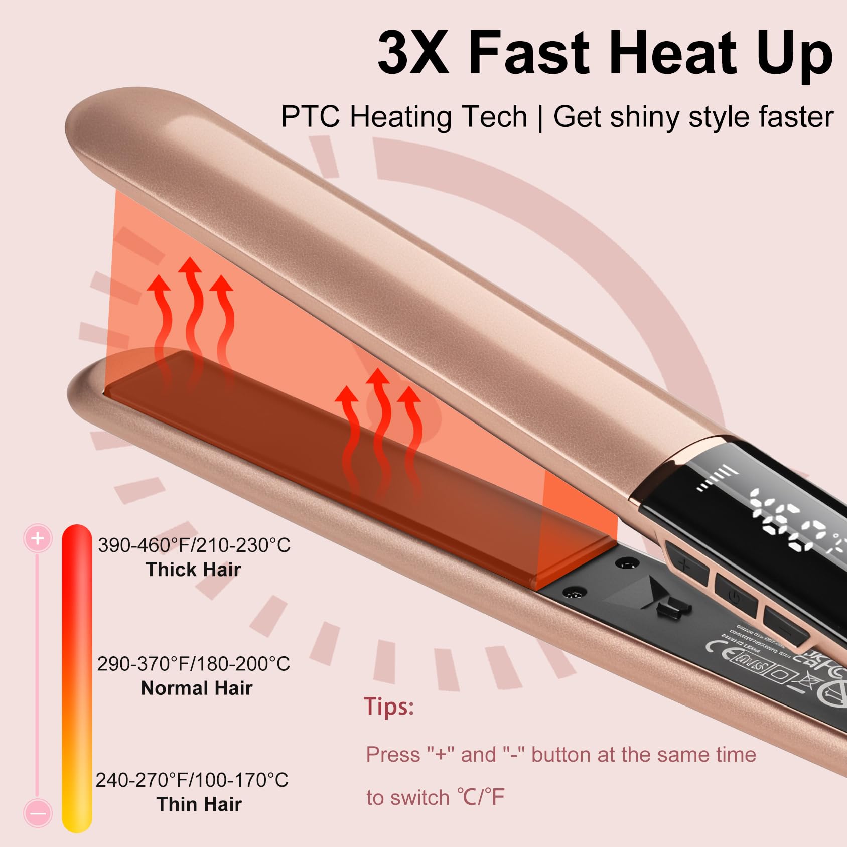 UNOBEY dual-voltage straightener adapts from 100 to 240V for worldwide travel.