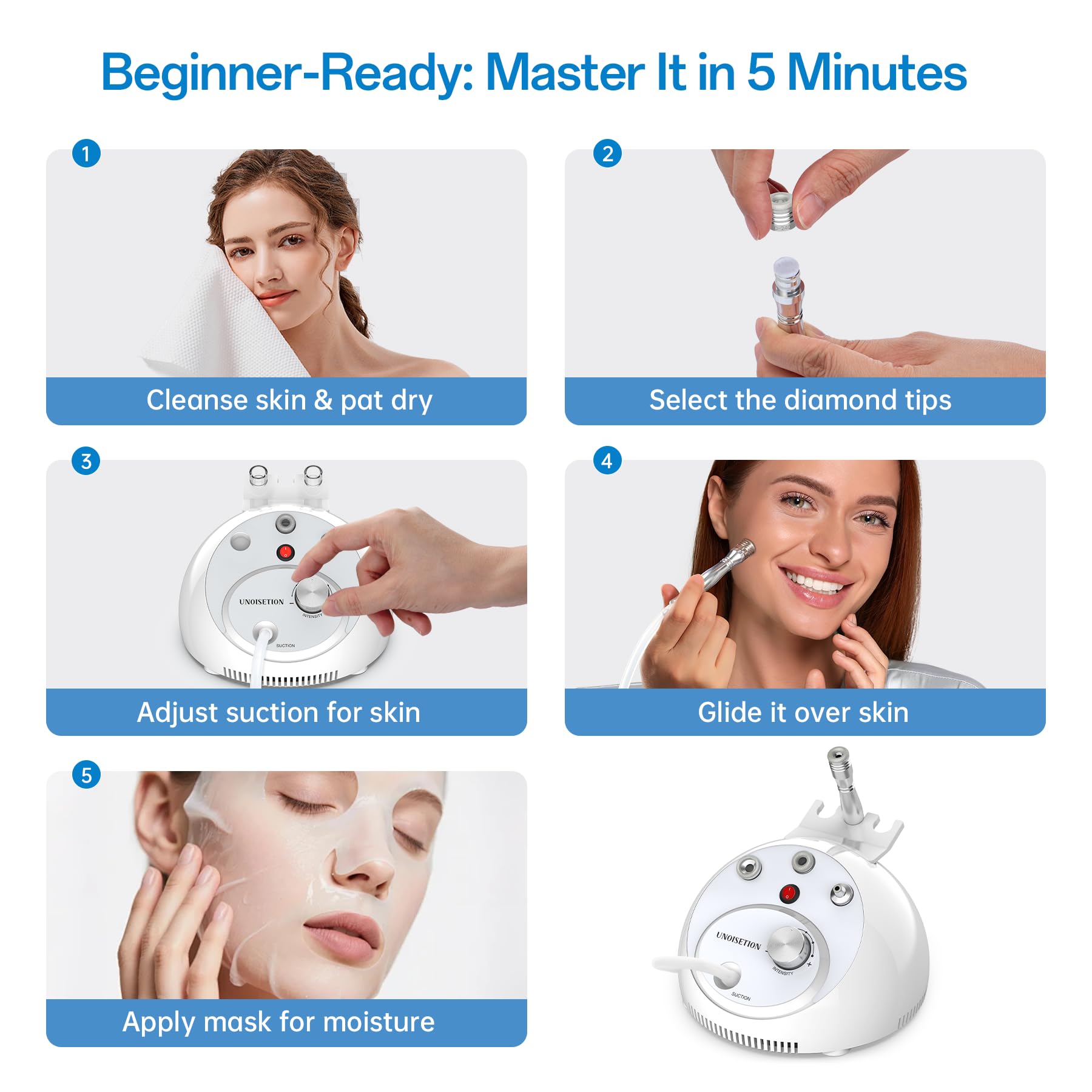 UNOISETION beginner-friendly microdermabrasion setup with quick-start guide.