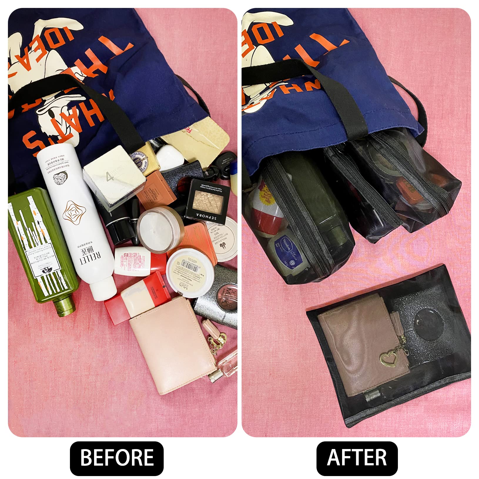 Unoutur mesh cosmetic bag smooth zipper for fast access