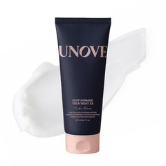UNOVE Deep Damage Treatment Ex bottle shows keratin-PF formula for damaged hair.