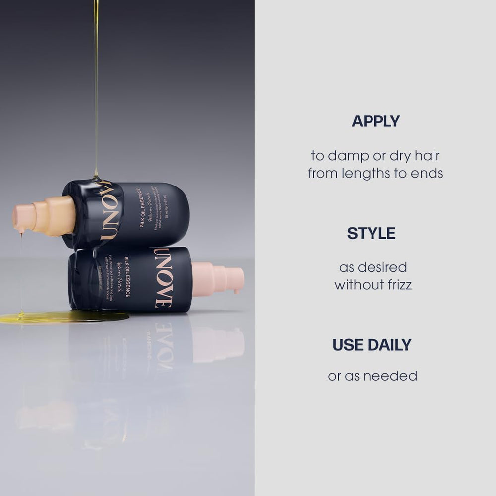 UNOVE Silk Oil Essence after-use shine-shot reveals lustrous, manageable hair