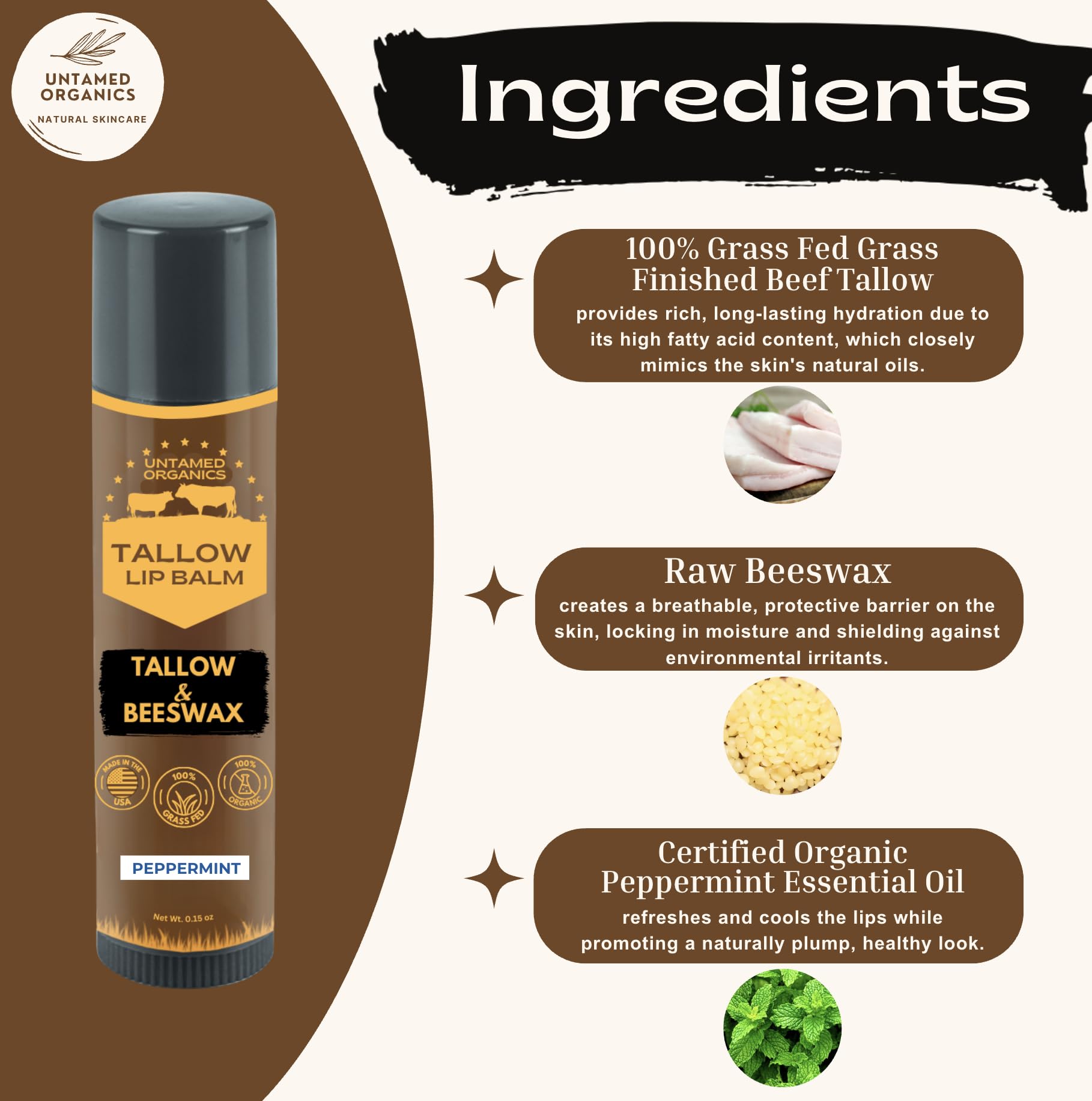 Untamed Organics Pure Tallow Lip Balm ingredients featuring grass-fed tallow and beeswax