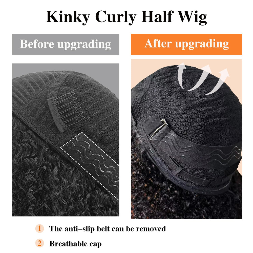 Unvizossa half wig glueless cap with anti-slip band for secure wear.