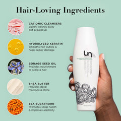 Unwash Bio-Cleansing Conditioner hydrolyzed keratin ingredient strengthens and smooths hair.