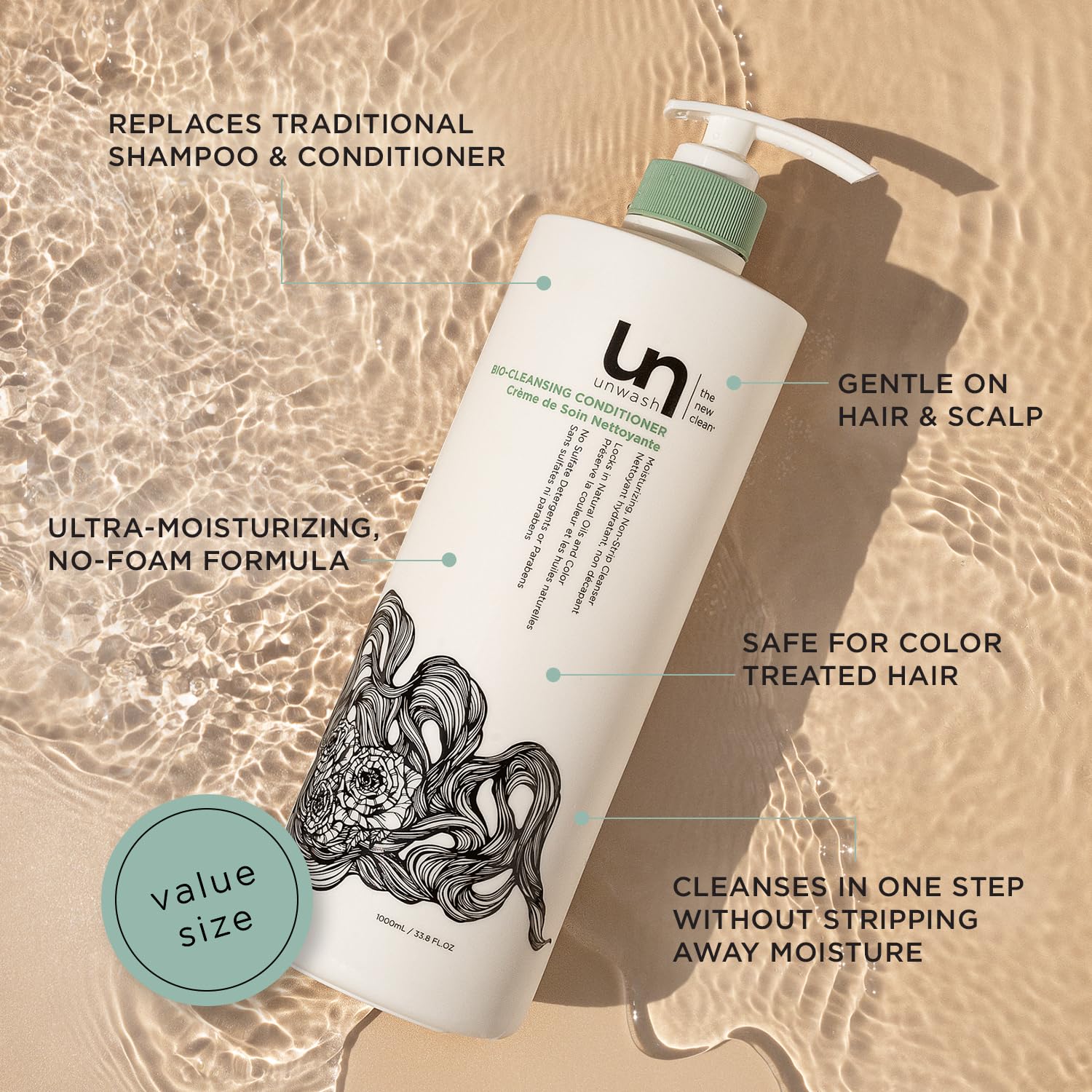 Unwash Bio-Cleansing Conditioner bottle with pump showing easy dispensing for quick co-wash routines.