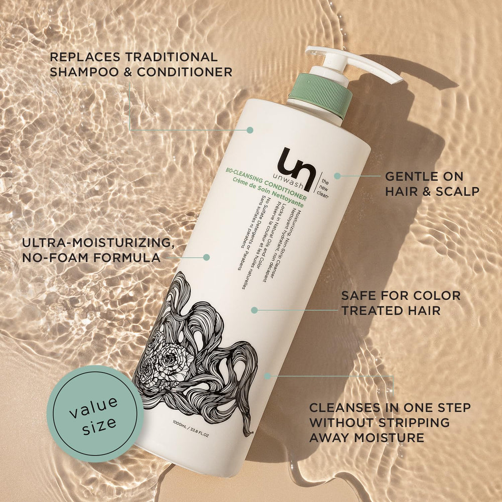 Unwash Bio-Cleansing Conditioner bottle with pump showing easy dispensing for quick co-wash routines.