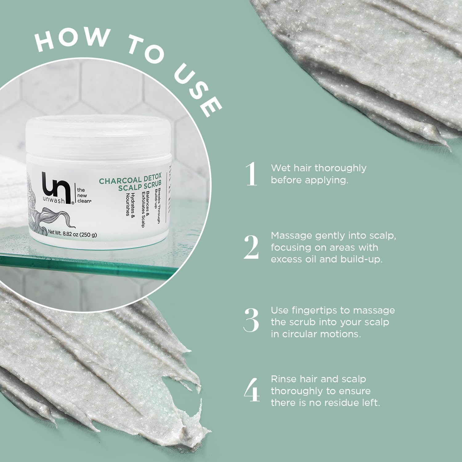 Unwash Charcoal Detox Scalp Scrub after-use hair with balanced scalp appearance.