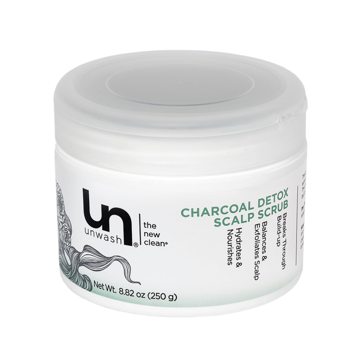 Unwash Charcoal Detox Scalp Scrub bottle close-up showing detoxifying charcoal for a refreshed scalp.