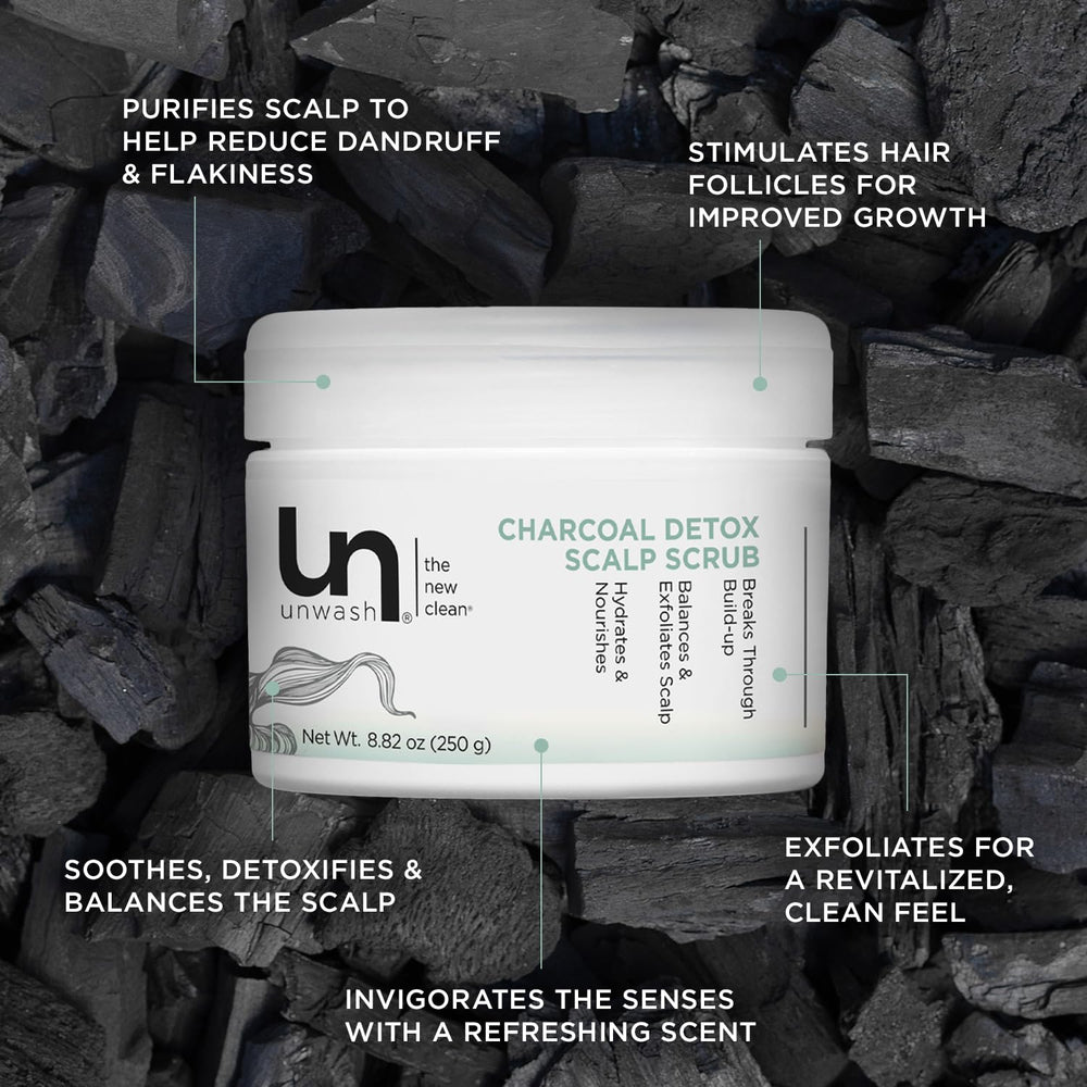 Unwash Charcoal Detox Scalp Scrub jar texture demonstrating exfoliation to remove buildup.