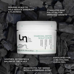 Unwash Charcoal Detox Scalp Scrub jar texture demonstrating exfoliation to remove buildup.
