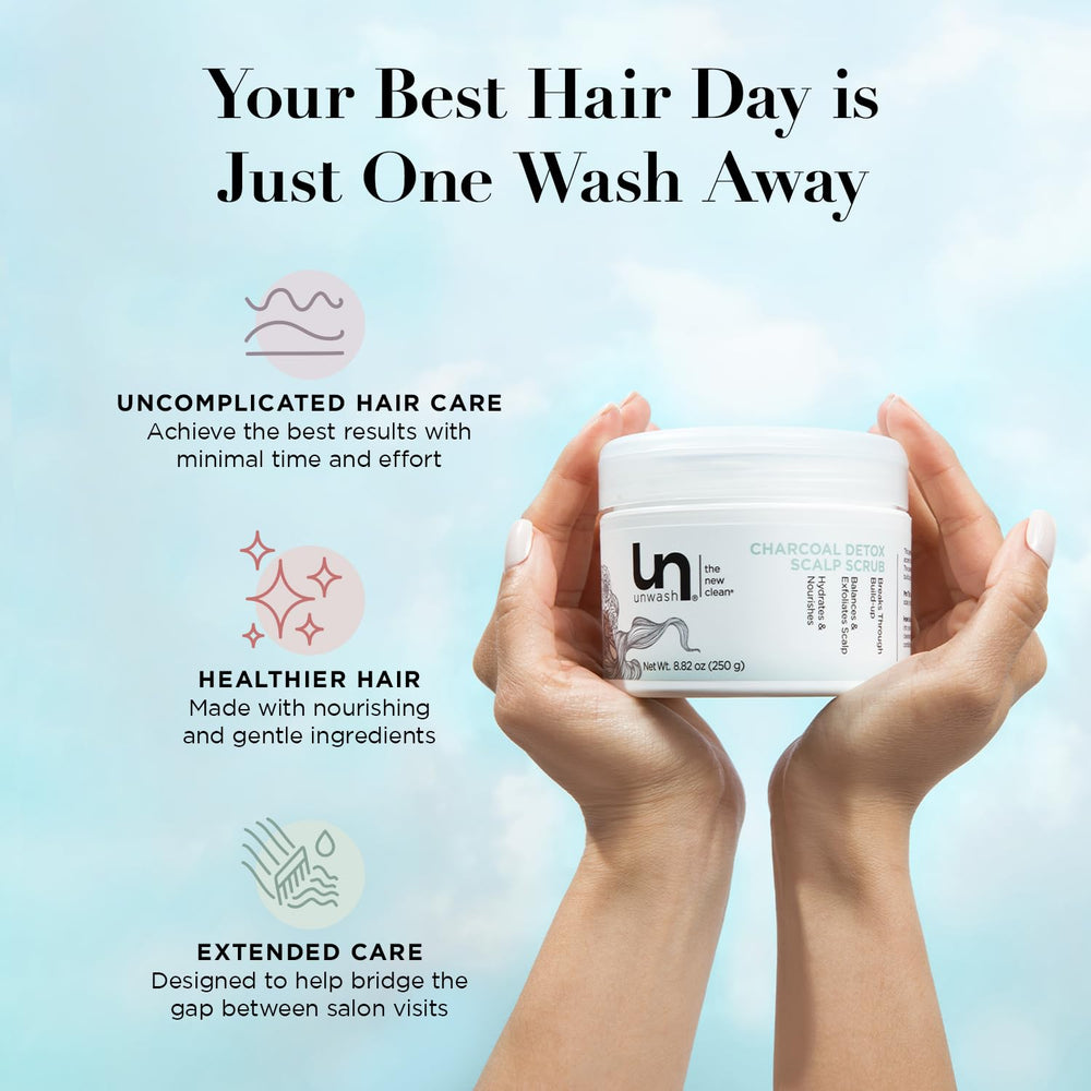 Unwash Charcoal Detox Scalp Scrub ritual setup highlighting conditioner-ready result.