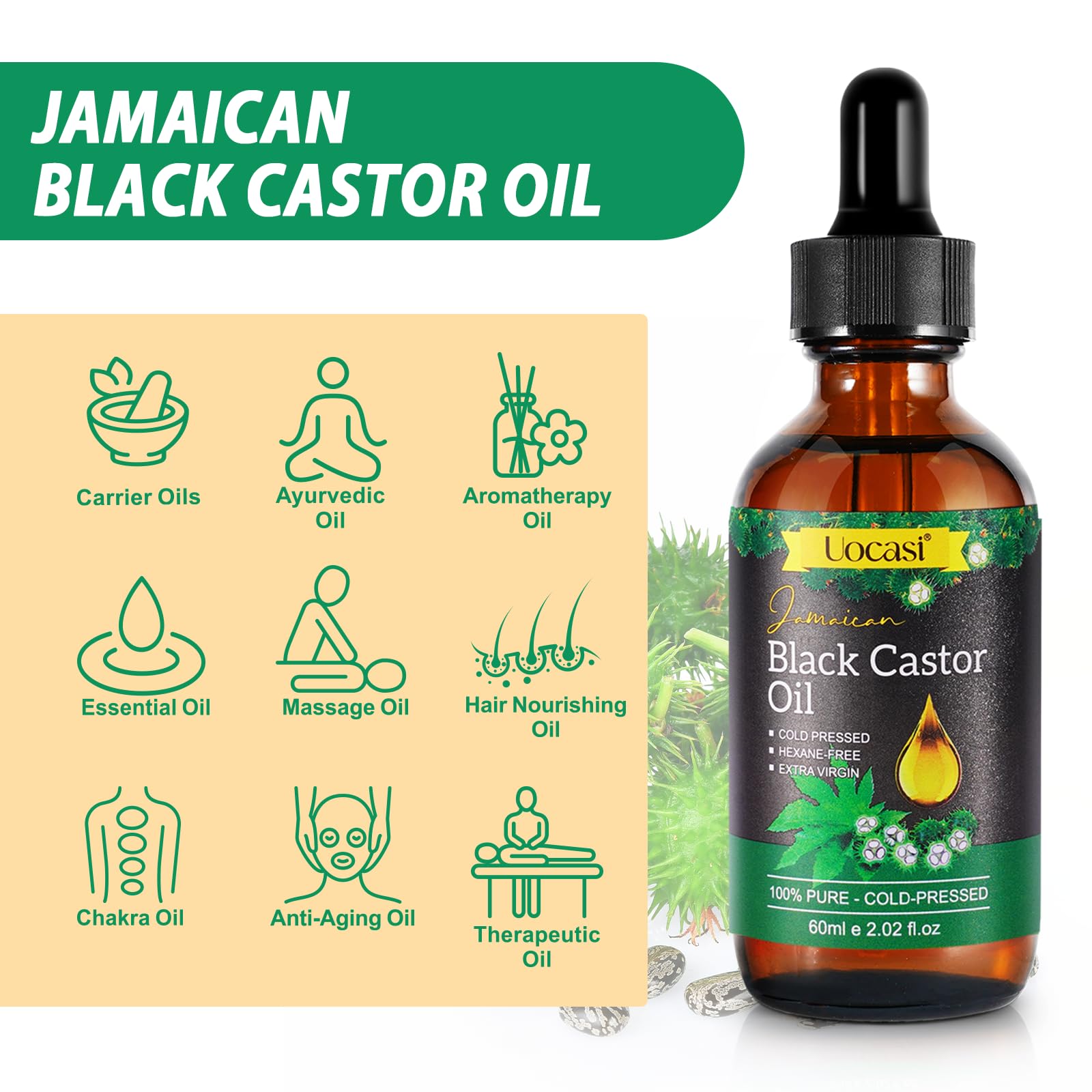 4-oz glass bottle of Uocasi castor oil highlighting premium packaging
