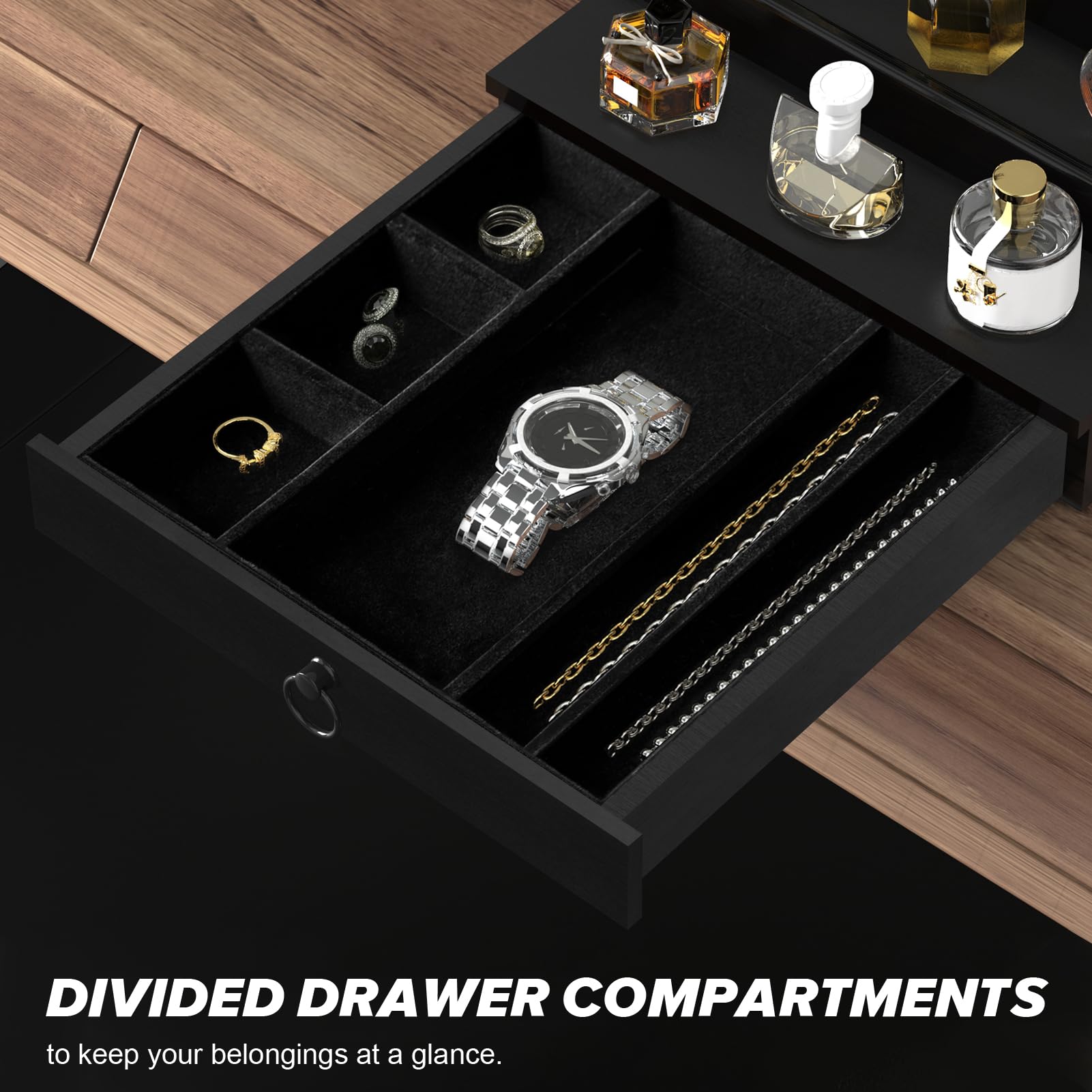 Upcessory Cologne Organizer bottom drawer keeps watches within sight.
