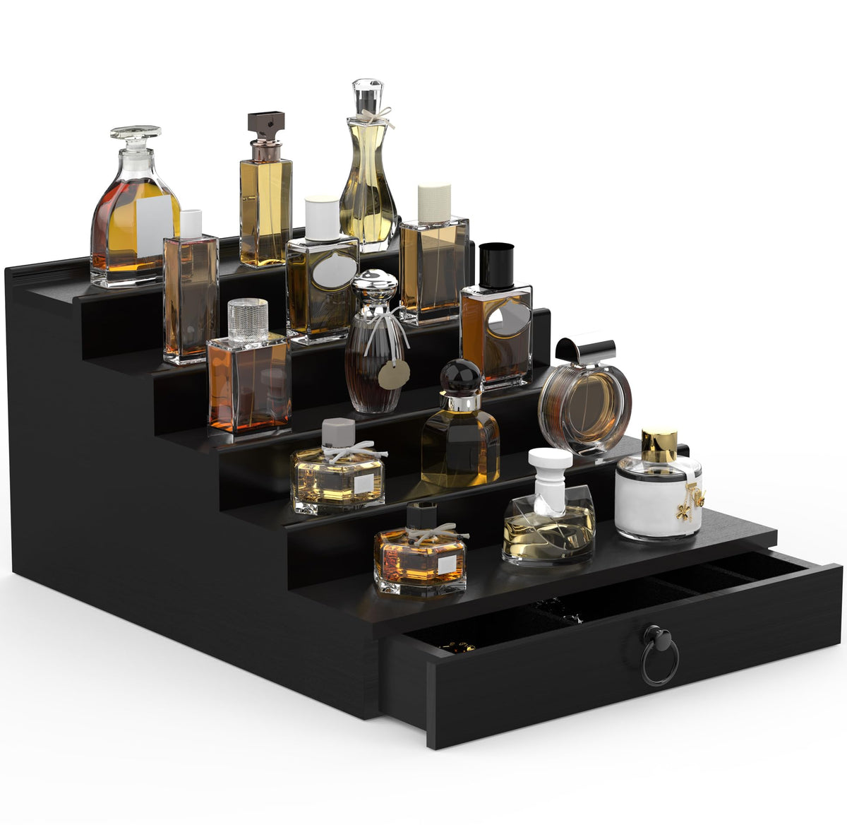 Upcessory Cologne Organizer front view showcases a sleek black stand for easy scent access.