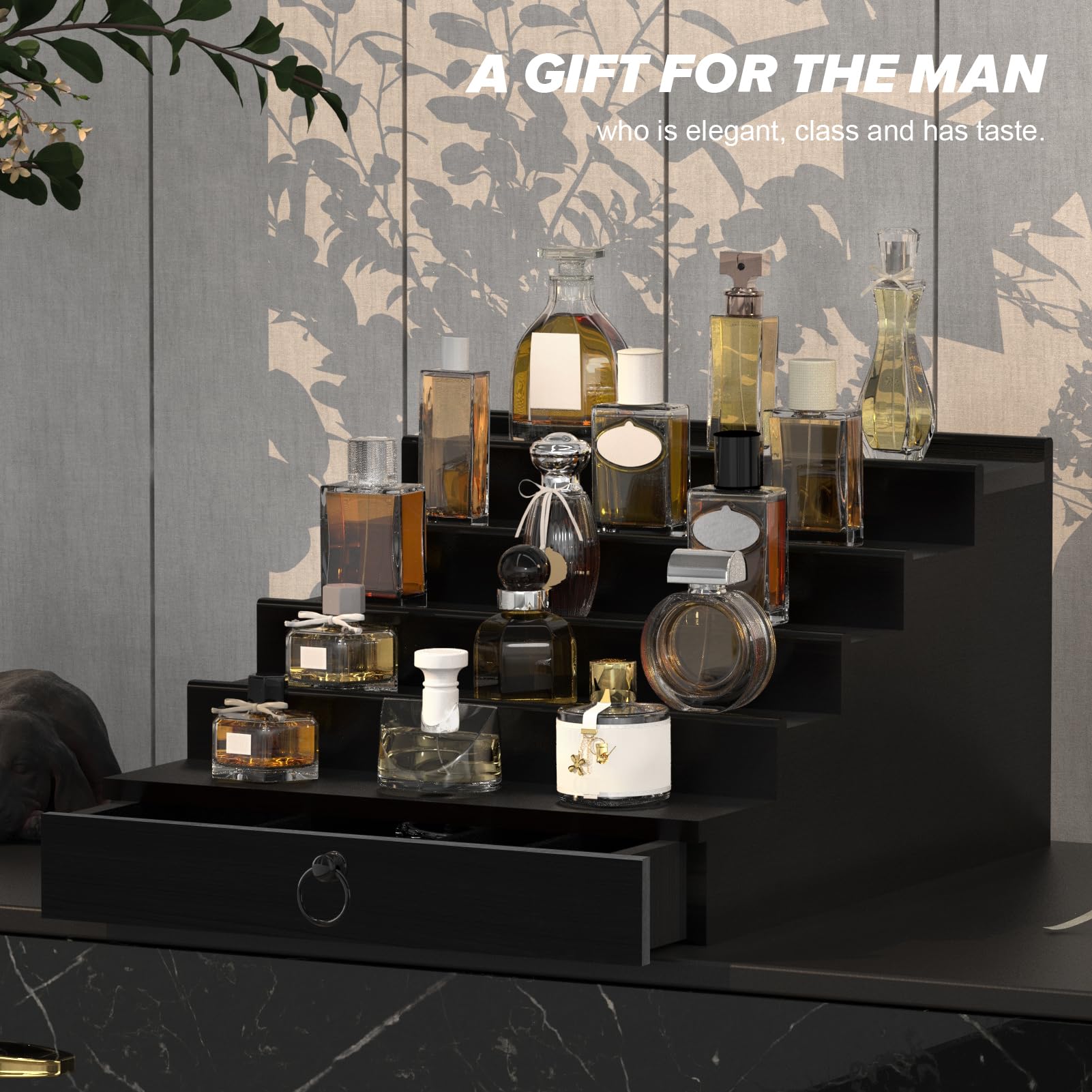 Upcessory Cologne Organizer in-room display elevates fragrance presentation.