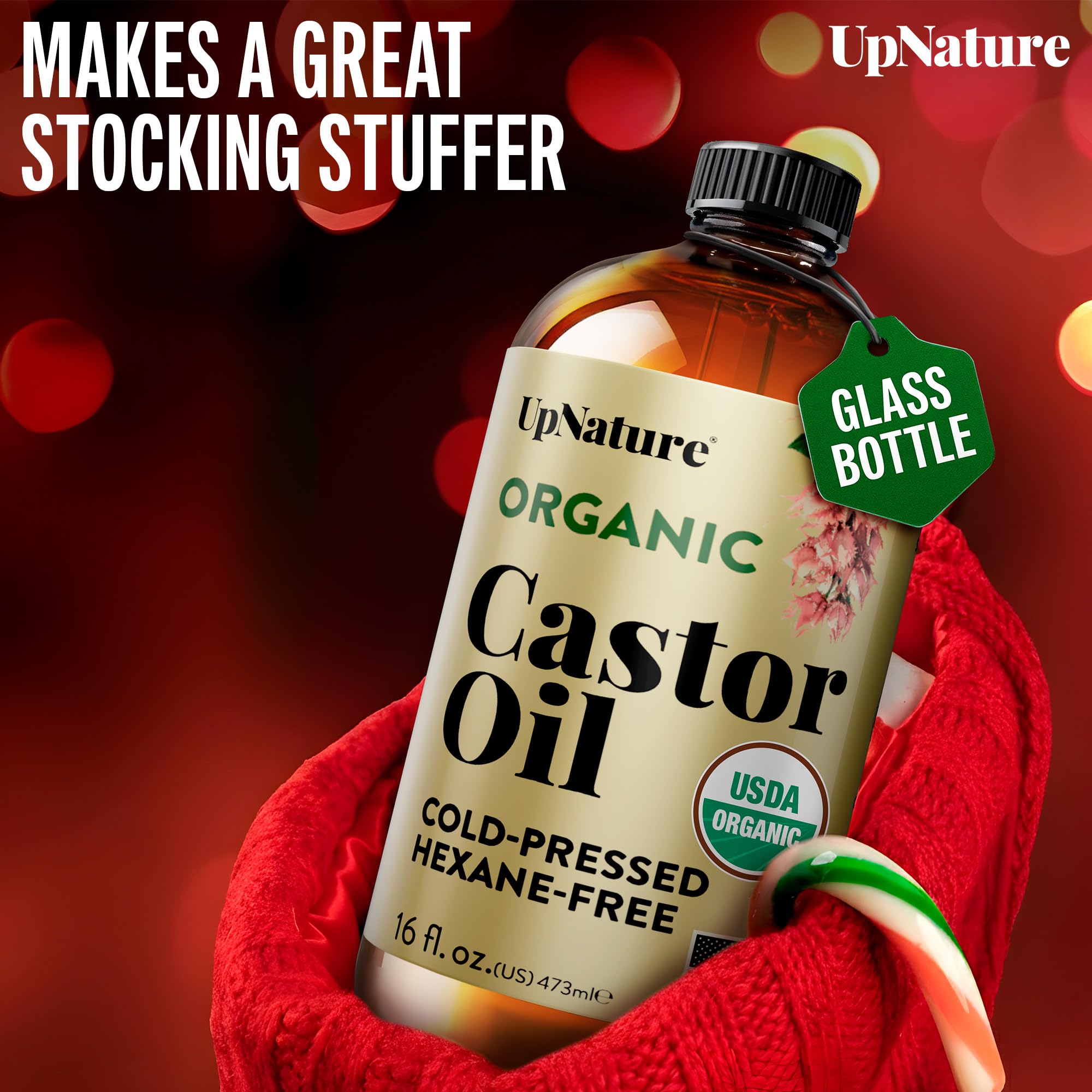 UpNature castor oil in a skincare routine setup for face and body care.