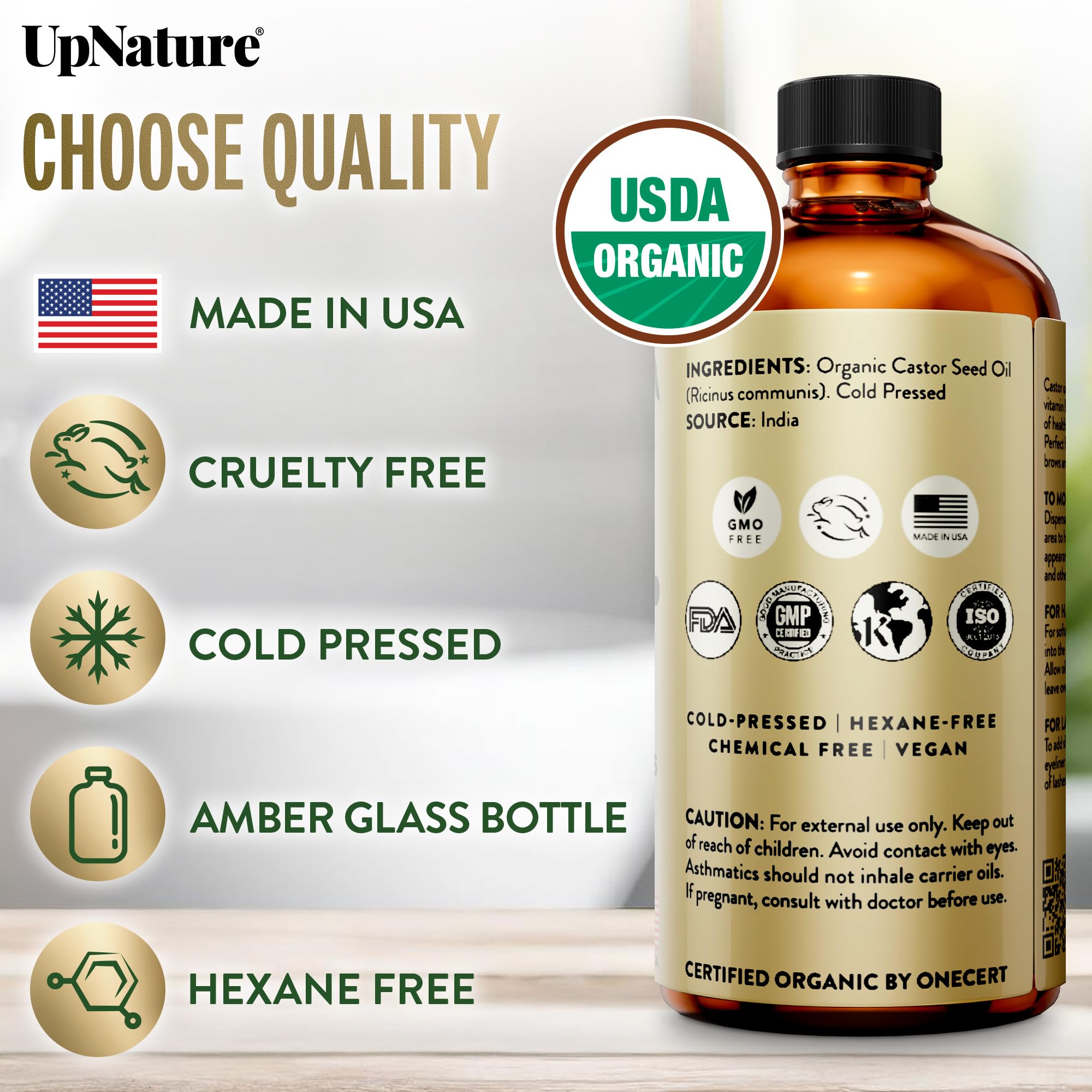 UpNature castor oil close-up bottle highlights cold-pressed, unrefined quality.