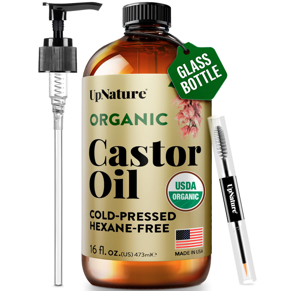UpNature castor oil glass bottle 16 oz showcases pure, multipurpose oil for hair and skin care.