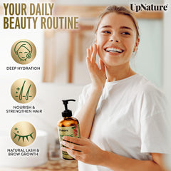 UpNature castor oil pump dispenser enables mess-free daily use for hair, skin, and brows.