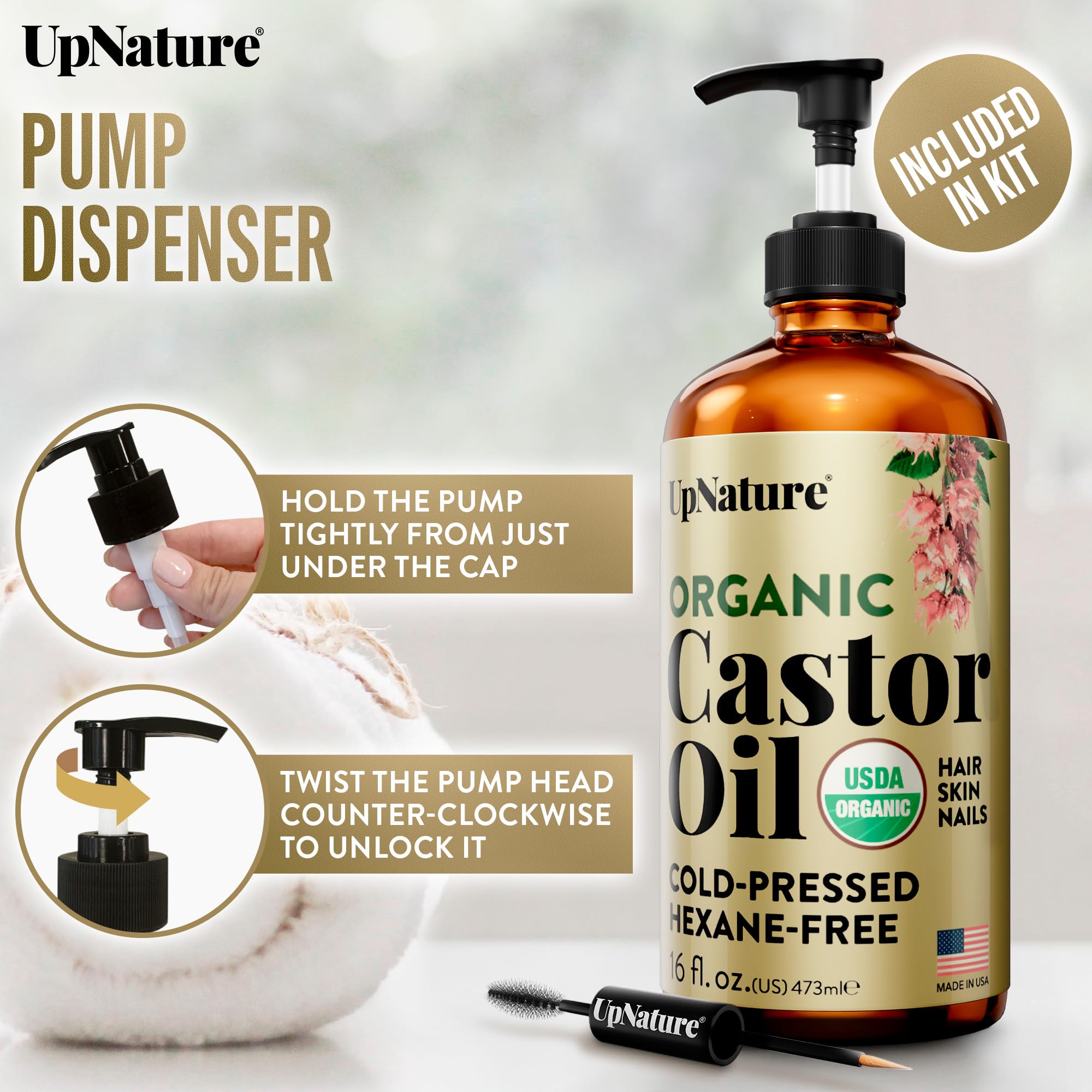 UpNature organic castor oil in use on skin for hydration and conditioning.
