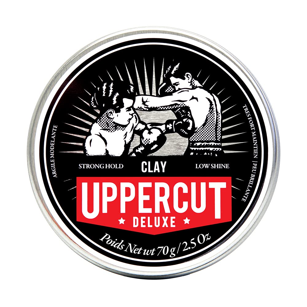 Uppercut Deluxe Clay bottle shows strong hold and low shine for versatile styling.