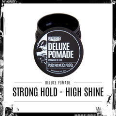 Uppercut Deluxe Deluxe Pomade on hair with glossy, polished finish