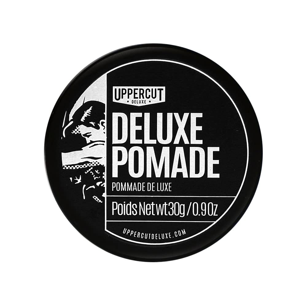 Uppercut Deluxe Deluxe Pomade jar showing strong hold and high shine