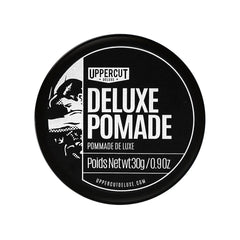 Uppercut Deluxe Deluxe Pomade jar showing strong hold and high shine