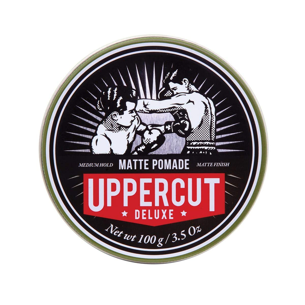 Uppercut Deluxe Matte Pomade jar showing the product's premium quality.