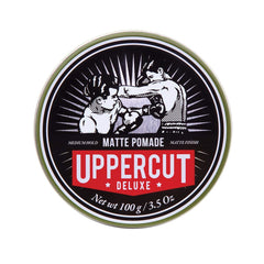 Uppercut Deluxe Matte Pomade jar showing the product's premium quality.
