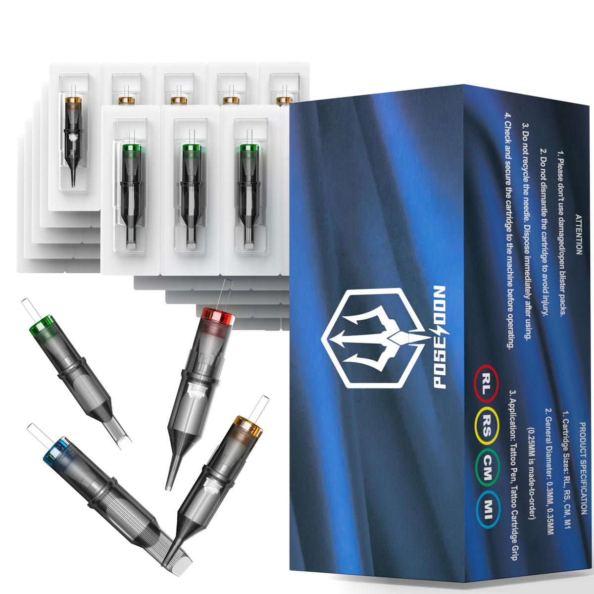 UPTATSUPPLY Poseidon 50pcs needle pack closeup for versatile outlining and shading.