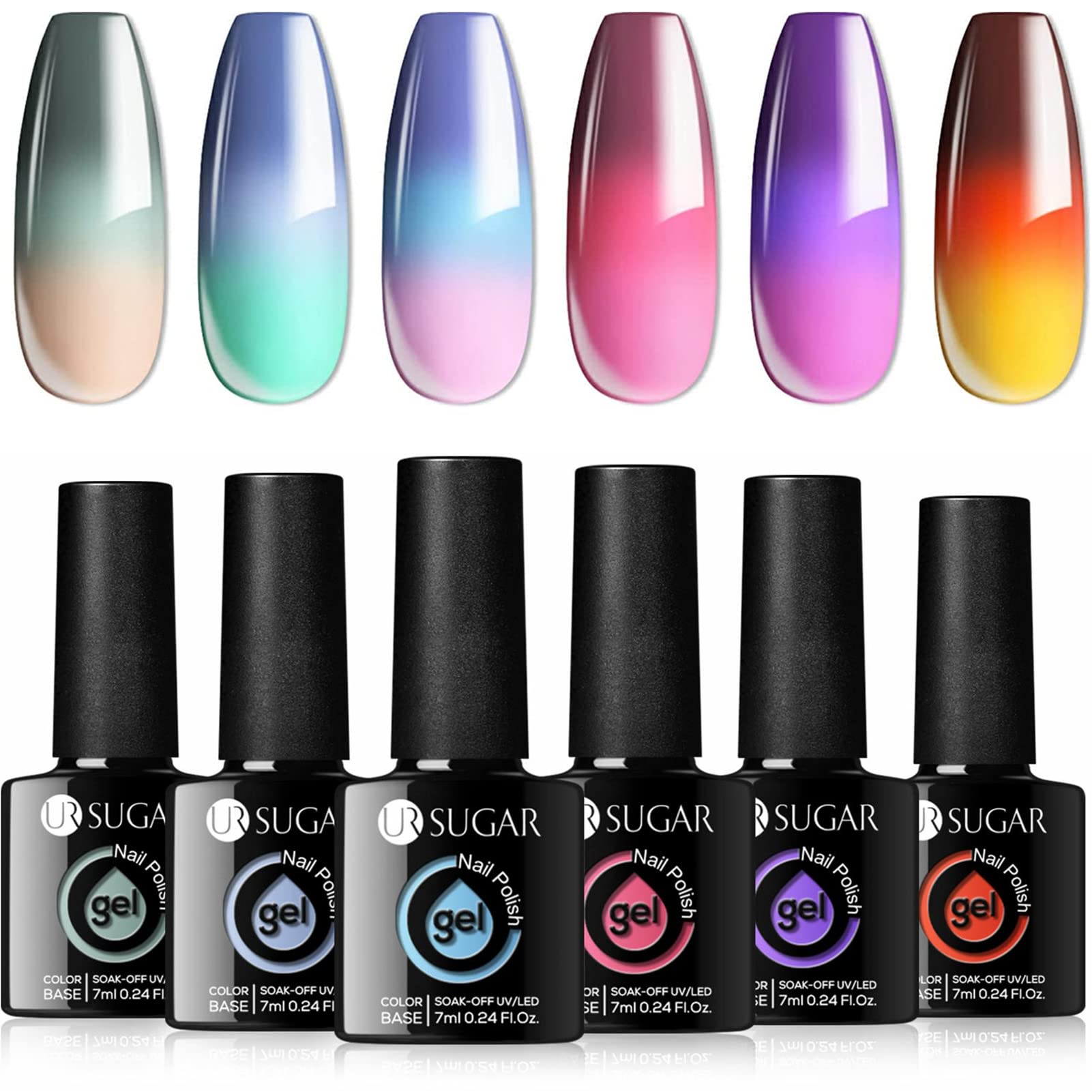UR SUGAR color-changing gel nail polish bottles display six mood colors for versatile DIY manicures.
