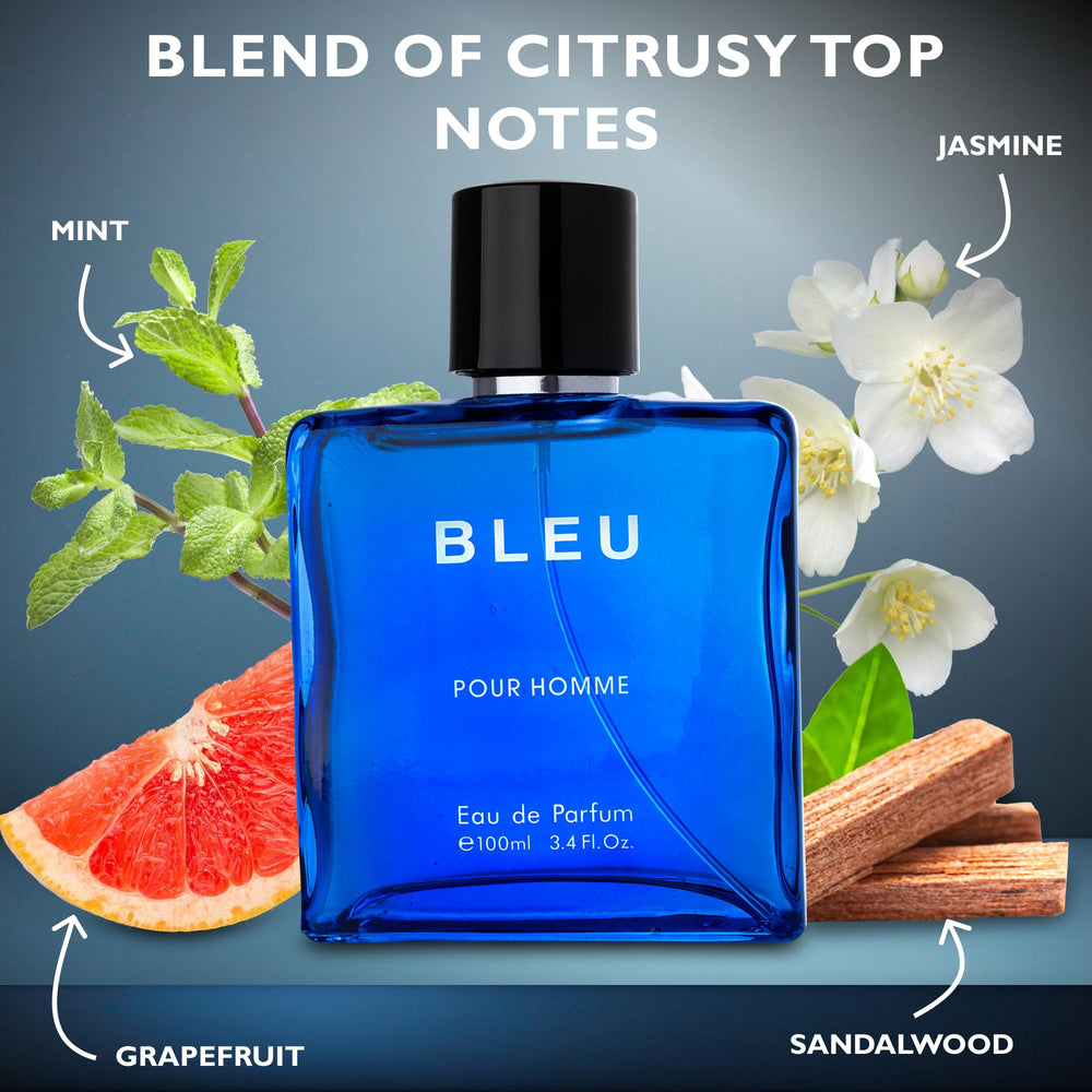 Urban Collection Bleu for Men bottle angled view, highlights citrus-spice profile for daytime use.
