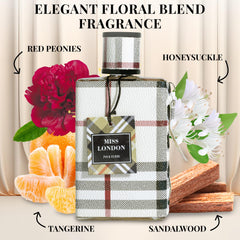 Miss London floral-notes image emphasizes jasmine and peony for a romantic profile.