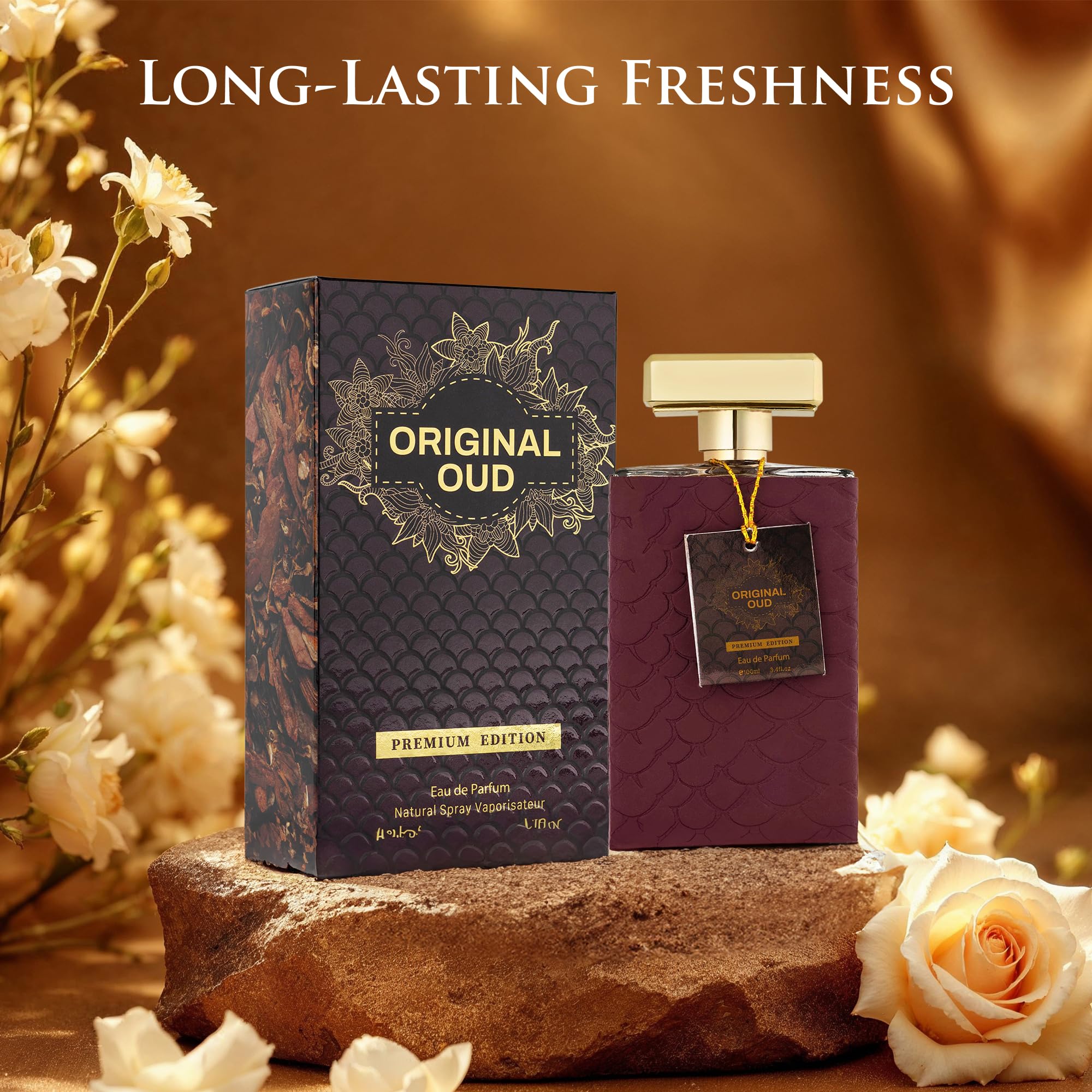URBAN COLLECTION Original OUD Premium Edition bottle under warm light emphasizing warmth and vanilla-amber base.