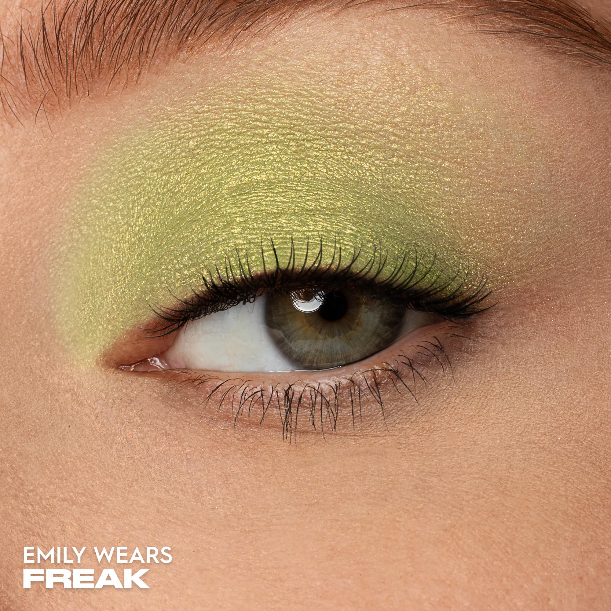 Urban Decay 24/7 Eyeshadow Freak swatch reveals lime green shimmer payoff.